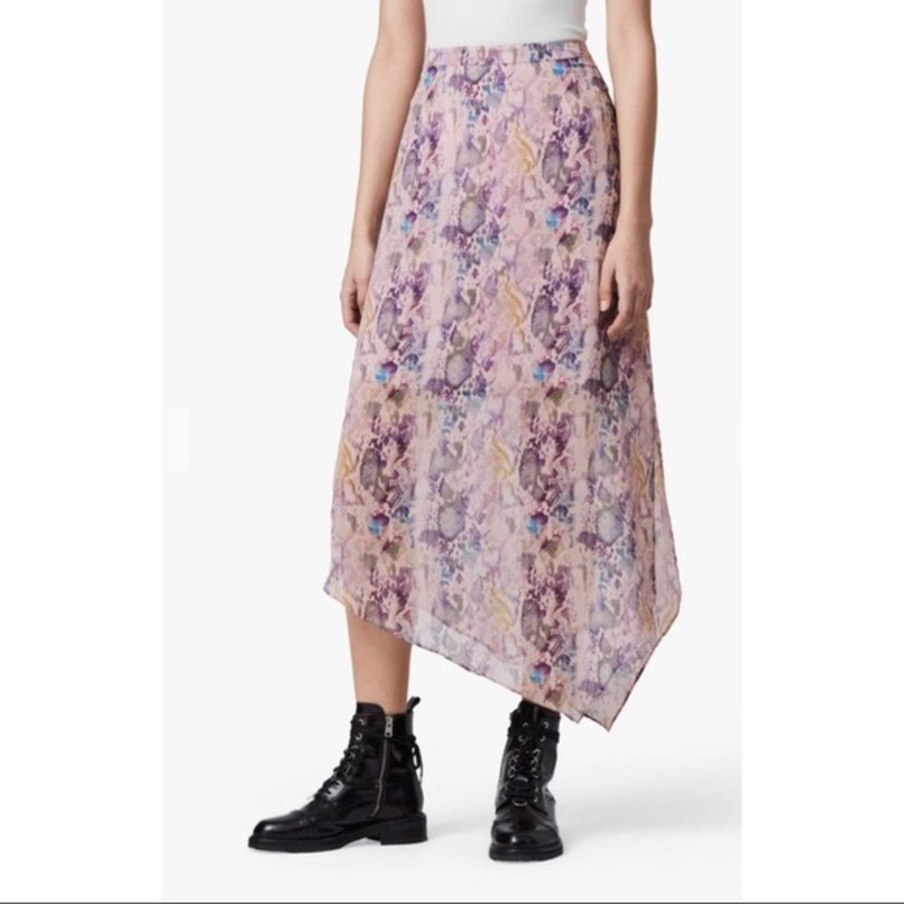 AllSaints Pink Purple Floral Asymmetrical Midi Skirt